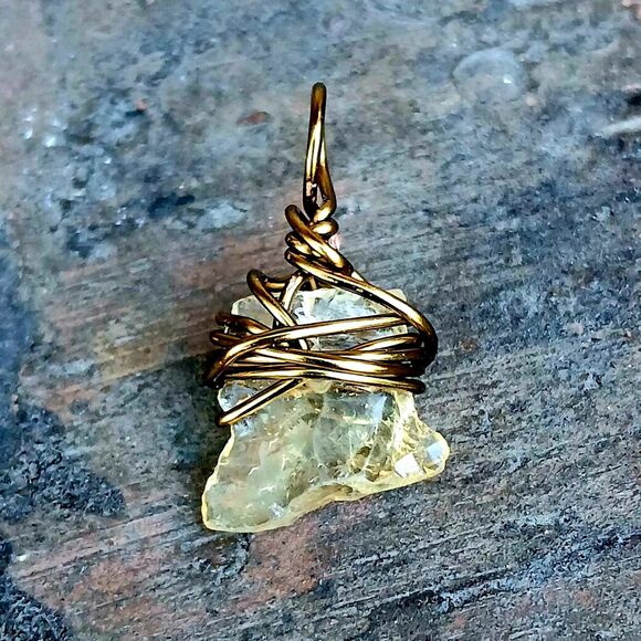 Raw Citrine Crystal Charm Pendant, Wire Wrapped, Bronze, 1" - Picture 2 of 4